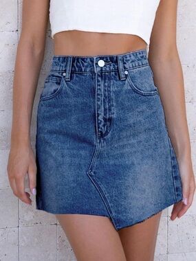 Asymmetrical High Rise Denim Mini Skirt Distressed Navy